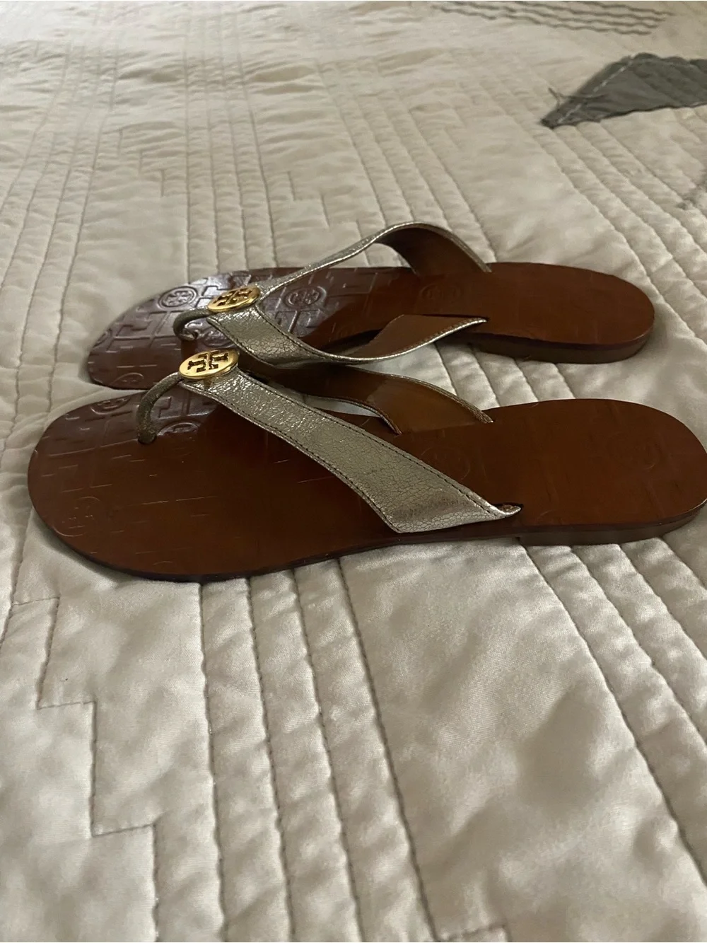 Tory Burch Silver and Brown Logo Thong Sandals